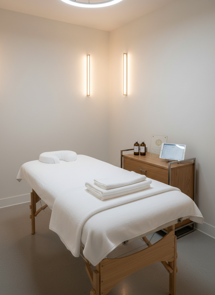 A close-up photographic view of a professional massage table with a face cradle, covered in fresh white linens, positioned in a minimalist treatment room. On a nearby sleek wooden side cart, a neatly arranged set of sealed massage oil bottles, a digital appointment tablet, and a small framed license document are visible, hinting at certified, regulated practice without showing text. Warm overhead and wall sconce lighting creates a balanced, even glow, with soft shadows that emphasize cleanliness and order. Shot from a slightly elevated angle using the rule of thirds, the composition feels organized and businesslike, ideal for illustrating a directory of licensed and certified massage therapists in a modern, clinical setting.