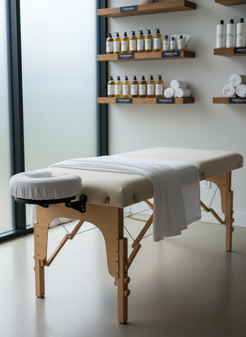 A pristine, neatly folded white massage sheet draped over a professional massage table with adjustable headrest and sturdy wooden legs, set in a contemporary wellness clinic room. Shelves along the wall hold neatly organized massage oils, lotion bottles, and rolled towels, all clearly labeled to suggest licensed, therapeutic practice. Soft, diffused daylight enters through frosted glass, creating gentle highlights on the smooth vinyl table surface and subtle shadows on the floor. Photographic realism at eye level, with a calm, clinical yet inviting atmosphere, clean lines, and a shallow depth of field that keeps the table in sharp focus while the background softly blurs, reinforcing a professional, trustworthy massage environment for a directory homepage hero image.
