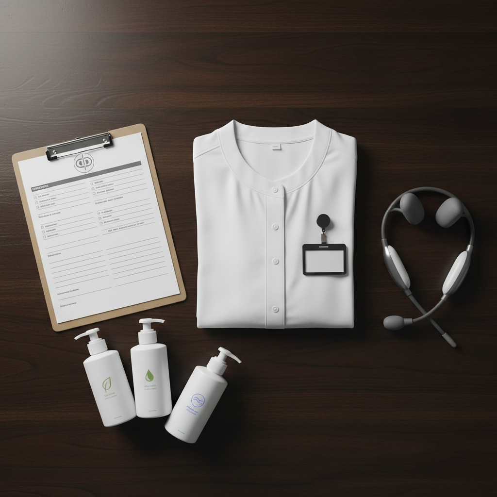 A top-down photographic scene of a massage therapist’s neatly arranged workstation on a smooth, dark wooden surface: a folded white uniform top, a blank name badge, a stethoscope-like neck massager device, a clipboard with blank forms, and a cluster of sealed, clinical-style lotion bottles bearing simple icon labels. A subtle, non-distracting logo-like symbol is embossed on the clipboard to imply an organized directory brand without readable text. Soft overhead studio lighting produces minimal shadows and a clean, catalog-like appearance. The mood is professional and methodical, emphasizing licensed, therapeutic practice tools rather than people, making it ideal for a page describing how the massage directory verifies credentials and standards.