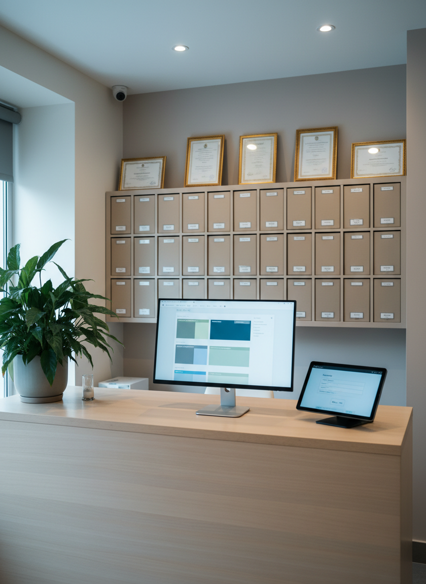 An organized reception counter in a professional massage clinic, with a polished light-wood desk, a slim computer monitor displaying a non-readable scheduling interface, and a discreet sign-in tablet. Behind the desk, a wall-mounted grid of uniform file folders and framed, textless certificates suggests a network of licensed therapists without focusing on individuals. Soft neutral wall colors and a potted green plant create a balanced, calming palette. Cool, diffused ceiling lighting mixes with faint daylight from a side window, producing clean, accurate photographic realism. Captured at eye level with sharp focus throughout, the scene communicates trust, structure, and professionalism, perfectly suited to represent a businesslike massage directory and booking platform.